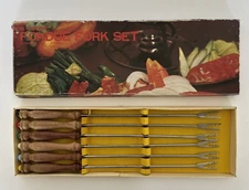 Fondue Fork Set 6 Piece Stainless Steel Wooden Handles in Original Box Vintage