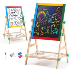 Wooden Art Easel for Kids, 2 in 1 Multi-Functional Double-Sided Adjustable Bl...