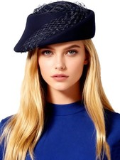 Navy Blue Wool Felt Beret Fascinators Hat For Women Ladies With Veil