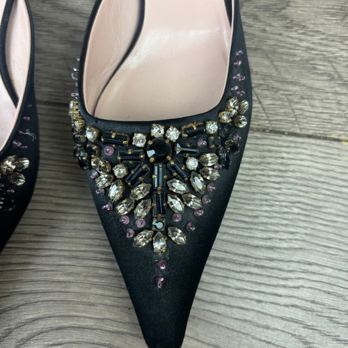 VTG Prada Black Satin Canvas Mules Women's 37.5 Embellished Gem Kitten Heel - Picture 13 of 16