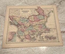 Antique c. 1885 Turkey Europe Bulgaria Albania Macedonia Colton Map 16.75x14.25”