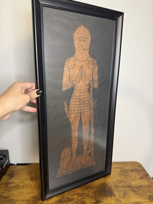 Framed Medieval Knight Brass Rubbing Print Gold on Black Portrait Art