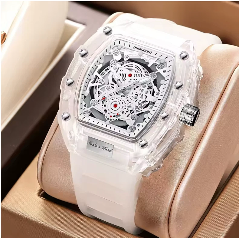 Reloj Hombre Cuarzo Esqueleto Transparente - Correa Blanca, Diseño Barril, Impermeable Foto 2 de 3