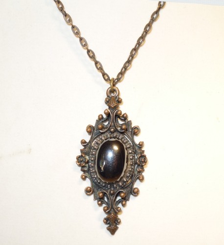 Hematite Pendant Gothic Mourning Pendant & Chain Iron Ore & Brass Antique VTG - Picture 2 of 6