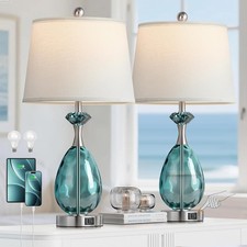 Coastal Glass Table Lamps Set of 2 3-Way Dimmable Touch Control W/USB A C Ports