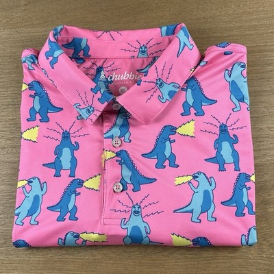 Chubbies The Hear Me Roar Performance Polo Shirt Mens XL Pink Godzilla Dinosaur