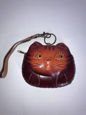 Handmade Tooled Leather Cat Coin Purse Magnetic Snap Zipper Adorable