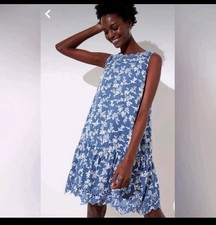 Loft Blue White Floral Bird Print Sleeveless Eyelet Shift Mini Dress  SP  TRENDY