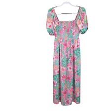 Lilly Pulitzer Dress Women M Pink Floral Smocked Puff Sleeve Sundress Tropical