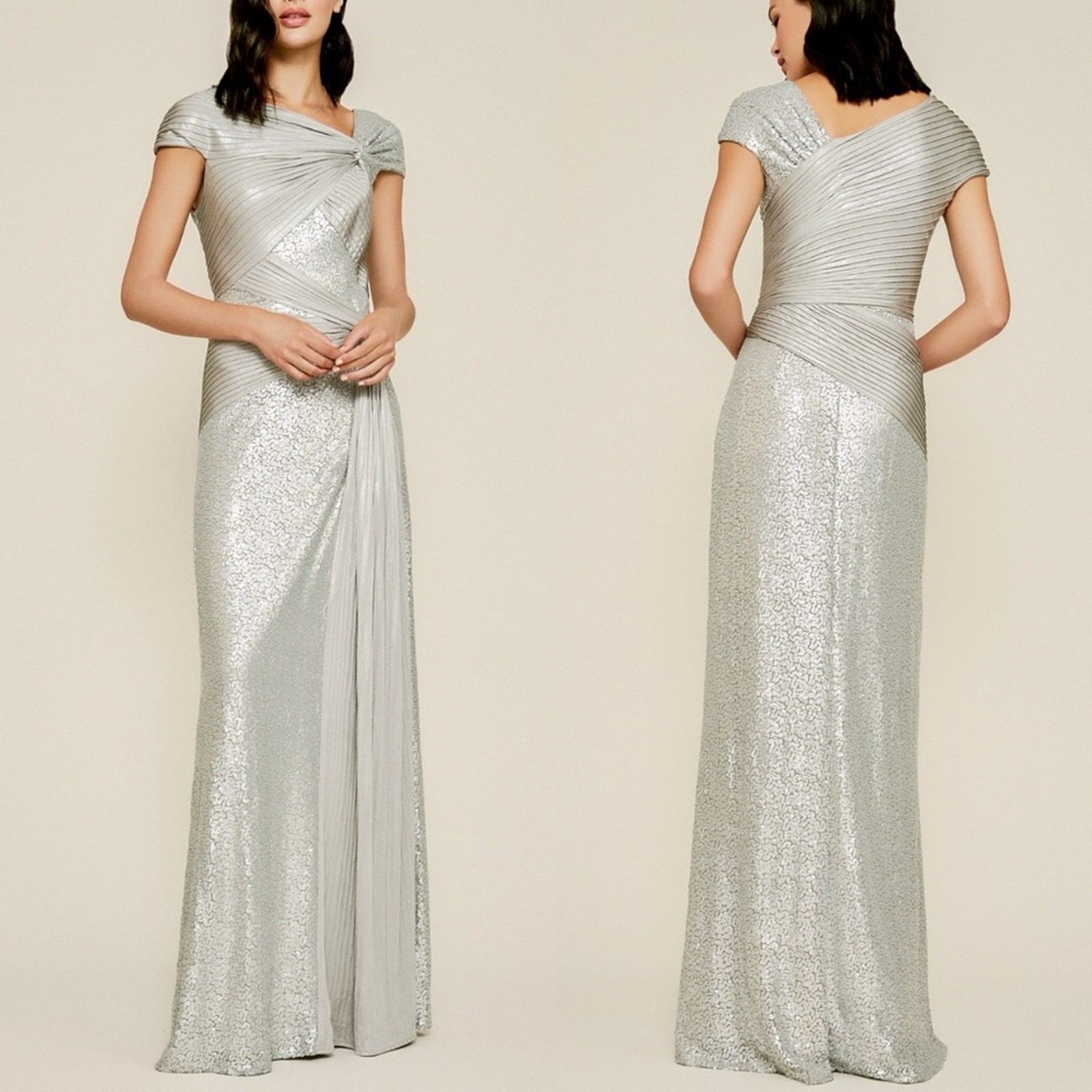 Tadashi Shoji Parma Draped Sequin Gown Silver Floor Length Maxi Womens Medium