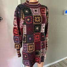 Farm Rio Mosaic Patchwork Crochet Sweater Dress XS Wool Blend Granny Square