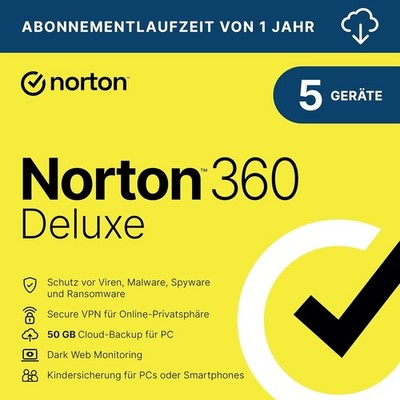 Norton 360 Deluxe | 5 Geräte | inkl. 50 GB Cloud-Backup | Vollschutz