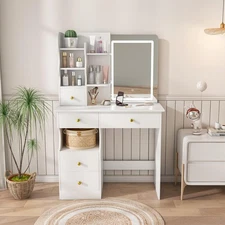 49" White Multi-Functional Dressing Table LED Lights, Makeup Vanity Desk Drawers