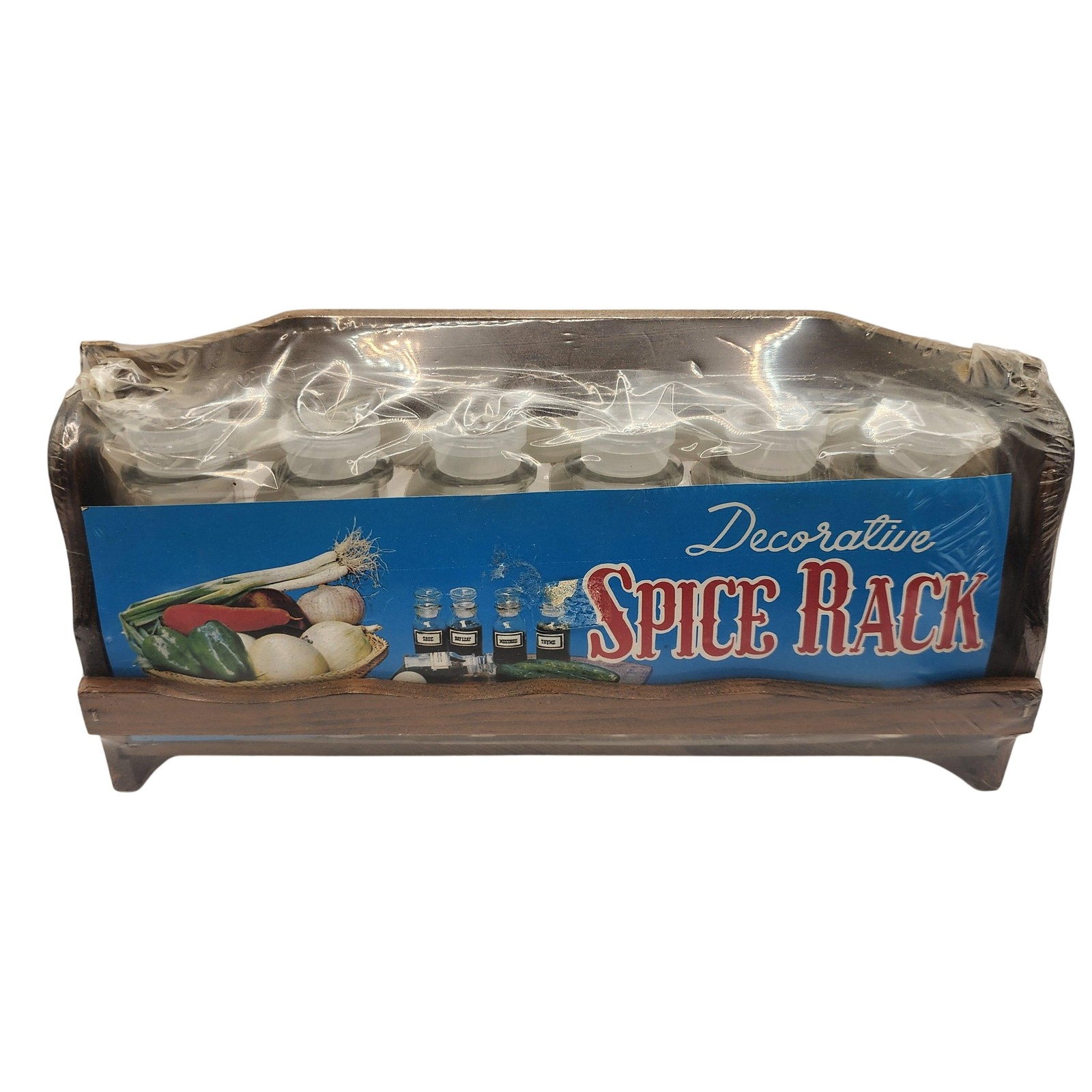 Vintage Spice Rack Wood Glass Jars New Old Stock Kitchen Organizer Set