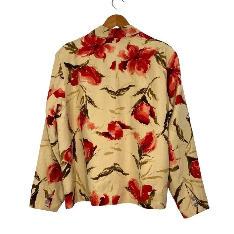 Chaqueta Blazer Coldwater Creek XL Seda Lino Floral Rojo Beige Botón Frontal Foto 4 de 4