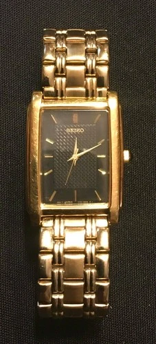 Vintage Seiko Watch Women Gold Tone Black Face New Battery 7.25 inch Band
