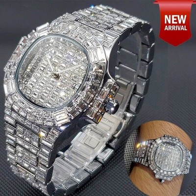 Luxury Hip Hop Ice out King Bling Men's Watch Iced Round Gold Silver Cz Diamond