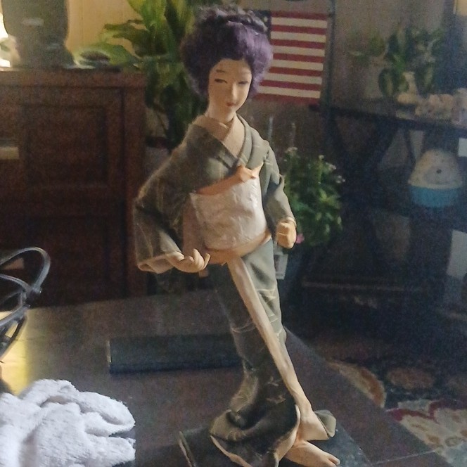 Japanese Geisha Kimono Doll Figurine on Base, Ownership History Not Available