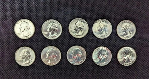 Roll of (40) 1964 D 90% Silver Washington Quarters, roll of BU Quarters 25 cents