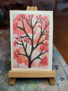 ACEO Original Watercolor Asian Mountains Bright tree Flowers 2.5x3.5 art card