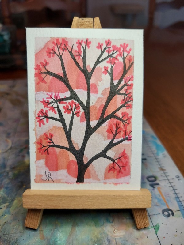 ACEO Original Watercolor Asian Mountains Bright tree Flowers 2.5x3.5 art card