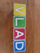 Vintage Wooden ABC Alphabet Letter Animal Picture Toy Building Blocks Set of 4