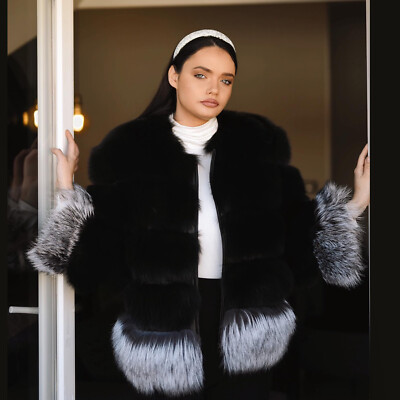 Women Black Real Fox Fur Coats Winter Real Fur Silver Fox Trim