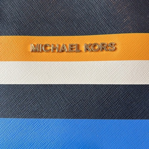 Michael Kors Jet Set Tote Bag Navy Blue Yellow White Stripe Nautical Beach Large - Picture 3 of 16