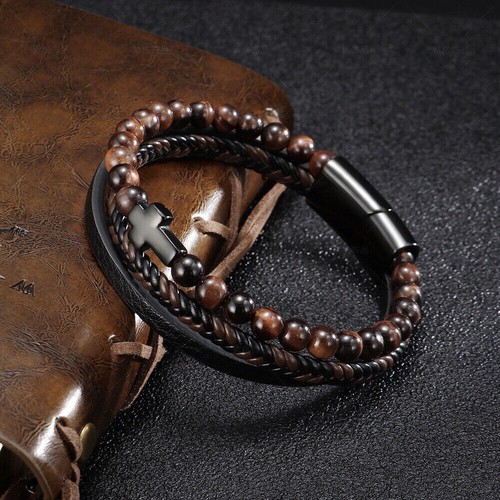 Men 3Layer Tiger Eye Braided Leather Bracelet Stainless Steel Christian Bangle - Picture 3 of 5
