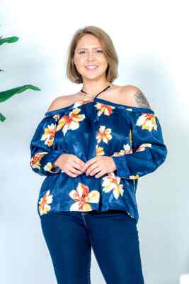 Womens Plus Size Navy Blue Floral Halter Top 3XL Cold Shoulder Puff Sleeve 