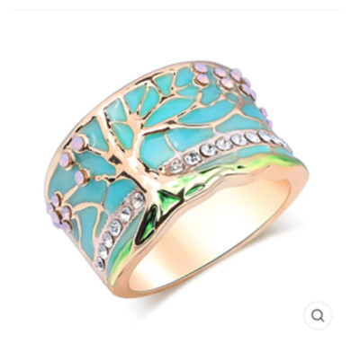 Silver Turquoise Ring w/Gold   Tree Of Life  Design Eye Catching Sizes 7 - 10