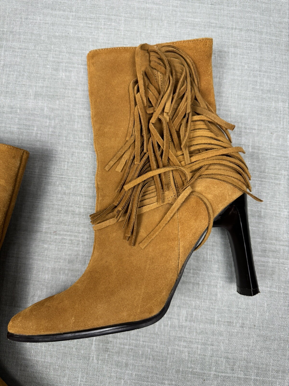 Brown Suede Fringe Ankle Boots Y2K Boho Chic Western Cowgirl Square Toe 90s US 6