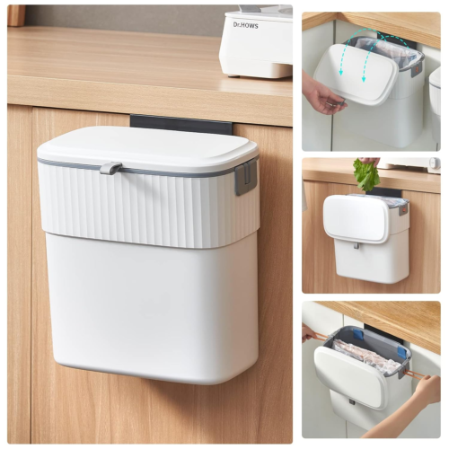 Hanging Trash Can with Lid 2.5 Gallon Kitchen Compost Bin for under Sink, Plasti
