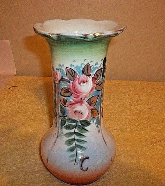 Ivory with Raised Pink Flowers Ceramic Vase/Gold Trim 8" Tall eBay