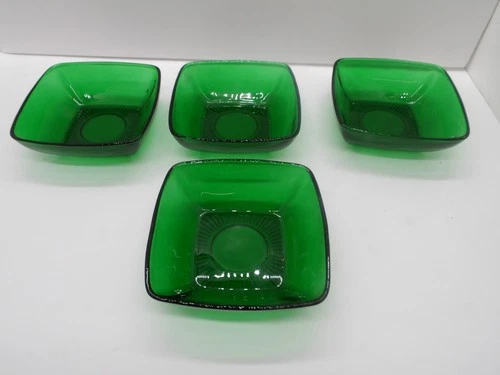 4 Vtg Anchor Hocking Glass Forest Green CHARM Berry Bowls Set 4.75" Square