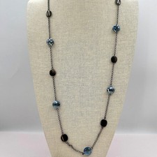 Vintage 90s Blue Glass & Gunmetal Stations Necklace Classic Fashion Jewelry