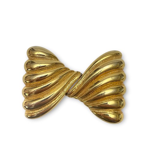 Vintage Polished Goldtone Sculptural Bow Ribbed 2 Piece Interlocking Belt Buckle
