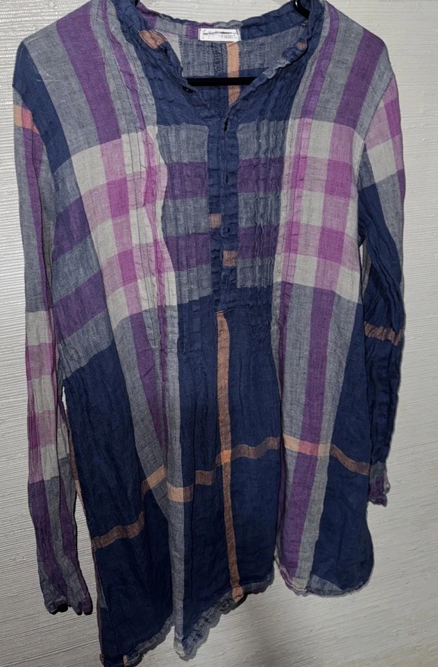 VESTIDO TÚNICA FREE PEOPLE X CP SHADES AZUL MARINO A CUADROS PLISADO YOKO ALGODÓN XS Lino Foto 3 de 4