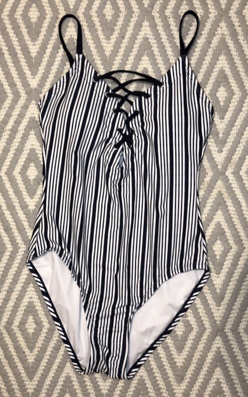 Women's Nautica Cool  Dock Lines One Piece Swim Bathing Suit Navy White Sz.M