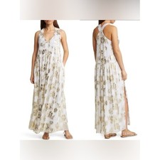 CIEBON Metallic Gold Floral Maxi Dress White Boho Bridal M