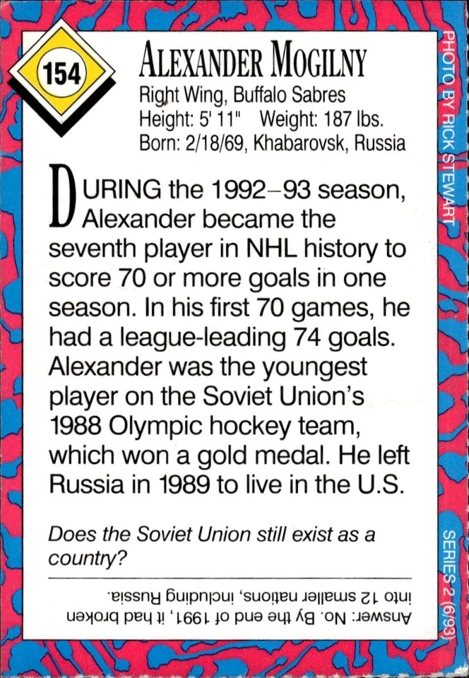 1993 Sports Illustrated for Kids #154 Alexander Mogilny Buffalo Sabres - Image 2 of 2