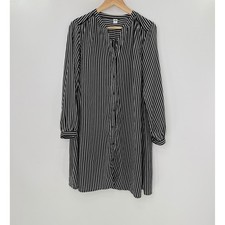 Old Navy Striped Chiffon Shirt Dress Long Slv Button Down Black White M Preppy