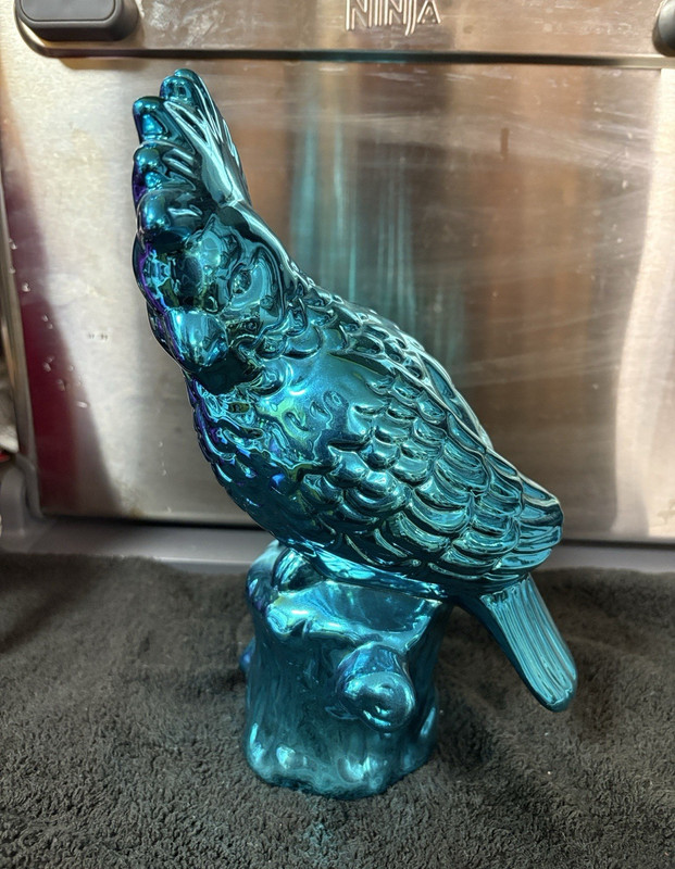 Blue Glass Bird Figurine on Stump Base, Glossy Finish, Decorative, 8 in