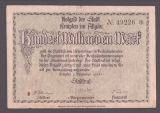 Kempten Stadt; 100 Mrd. Mark vom 2. November 1923; KN 5 stellig