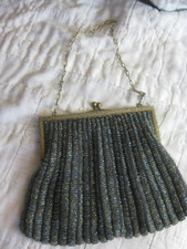 ANTIQUE BLACK BEADED ART DECO PURSE VINTAGE FLAPPER GIRL 1920S HAND BAG SILK OLD