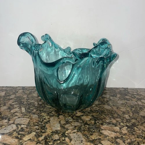 Murano Alessandro Ciffo White Cristal  Blue Wave Art Glass Bowl Italy Vtg