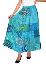 Turquoise Vintage Indian Rayon Patchwork Hippy Gypsy Boho Maxi Women Long Skirt