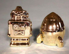 Vintage Robot  Space Ship Retro Ceramic Gold Figurines Lot of 2 New 2020