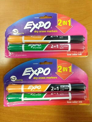 2 Packs Expo Dry Erase 2-in-1 Markers Chisel Tip Assorted Colors 2 Ct. Ea. E9H
