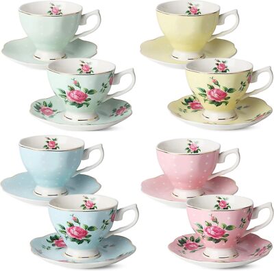 Floral Tea Cups and Saucers Set of 8 (8 oz), Porcelain Tea Cup Sets